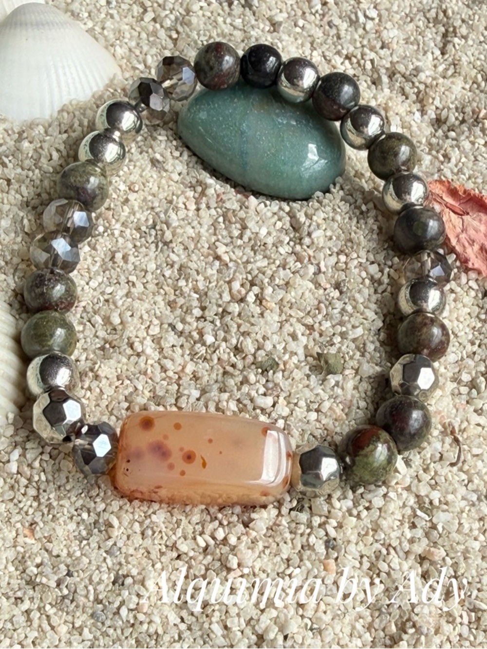 Peach Focal Agate and Green-Brown blood agate Bead Stretch Bracelet
